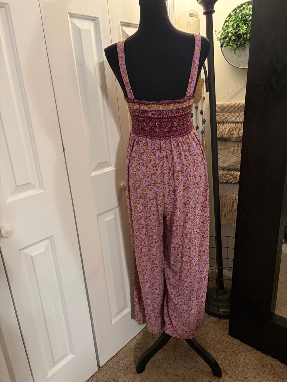 Smocked Floral Wide-Leg Jumpsuit in Lavender Pink - Picture 2 of 8